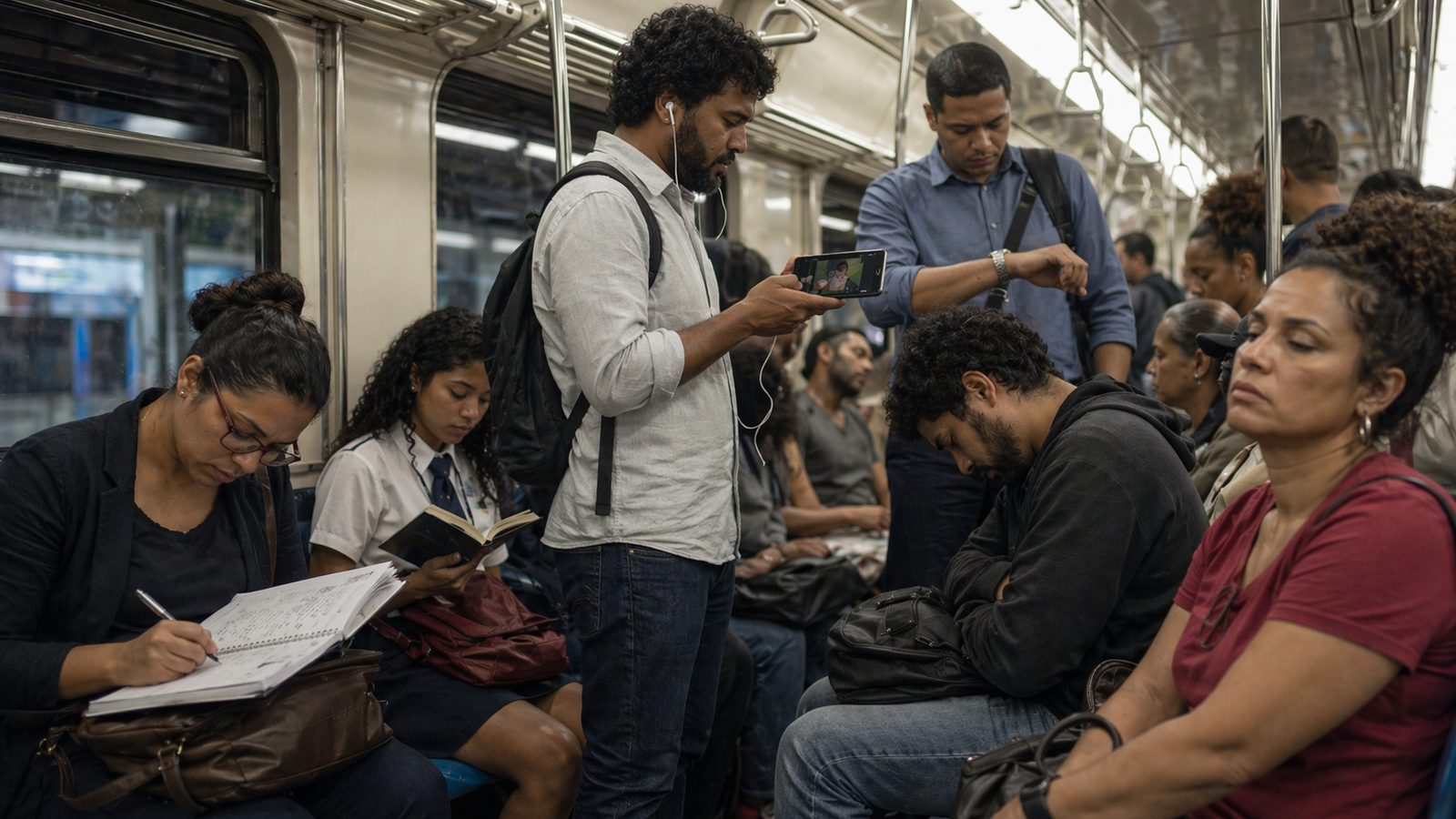 Pessoa estudando no transporte público, aproveitando o tempo do metrô para se preparar para concursos
